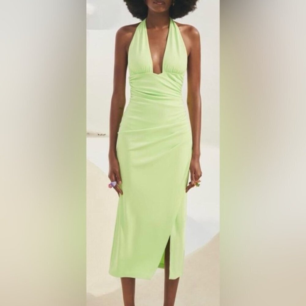 NWT Zara Lime Green Ruched Halter Neck Side Slit Midi Dress Size S